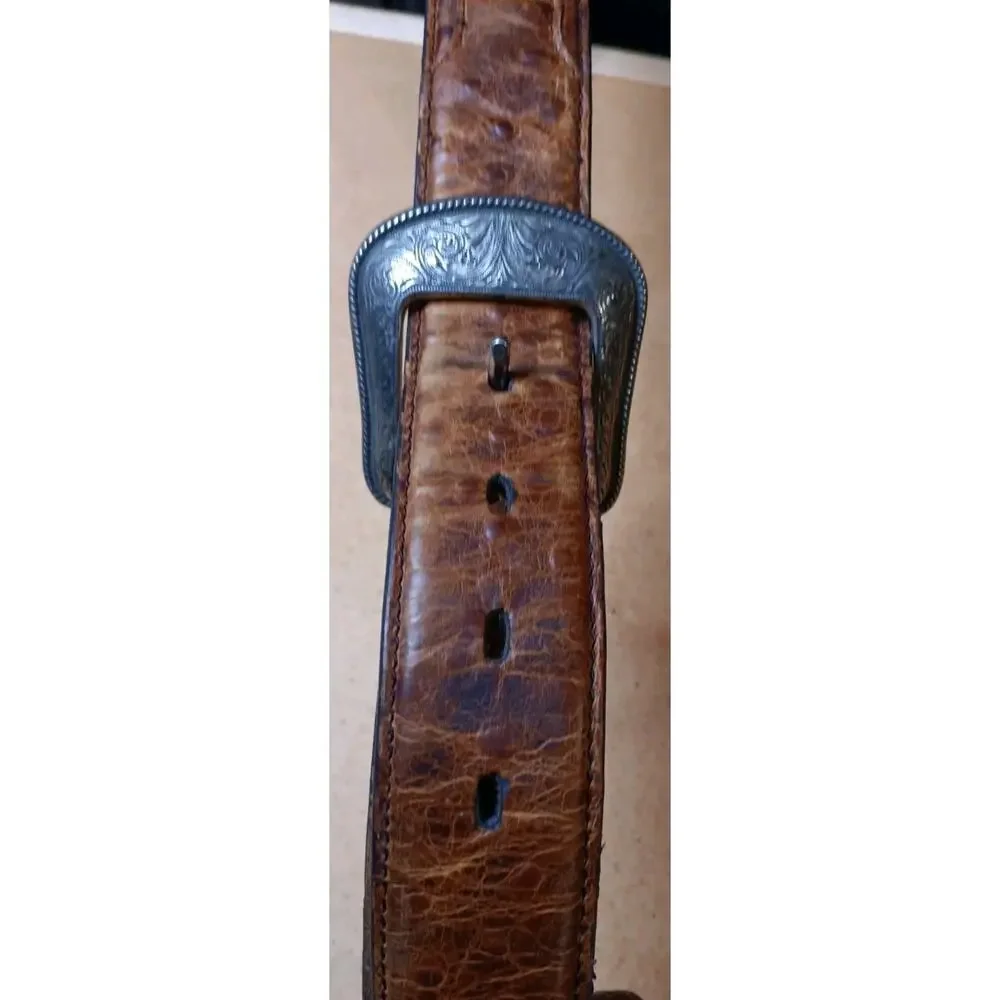 3D Genuine Leather Belt Printed Ostrich 1654 Sz 42 D-Ring Buckle Silver Color